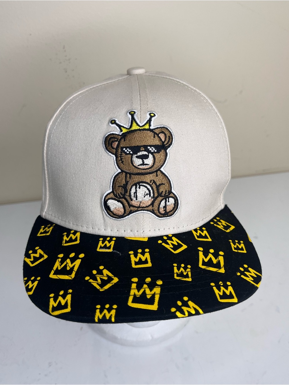 Hustle Bear Teddybear King Kids Snapback Hat - White & Black with Yellow Accents
